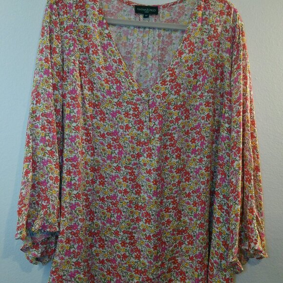 Cynthia Rowley Boho Top Shirt Floral Peasant Flowy Ruffle 3/4 Sleeve Size 2X - Picture 1 of 7